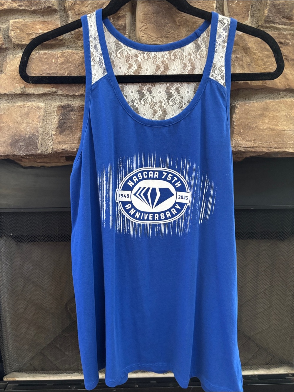 Nascar Blue Lace-Back Racerback Tank Top with 75th Anniversary Graphic. Large
